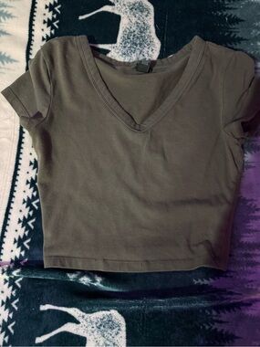 Olive Green V-Neck Crop Top - Women
